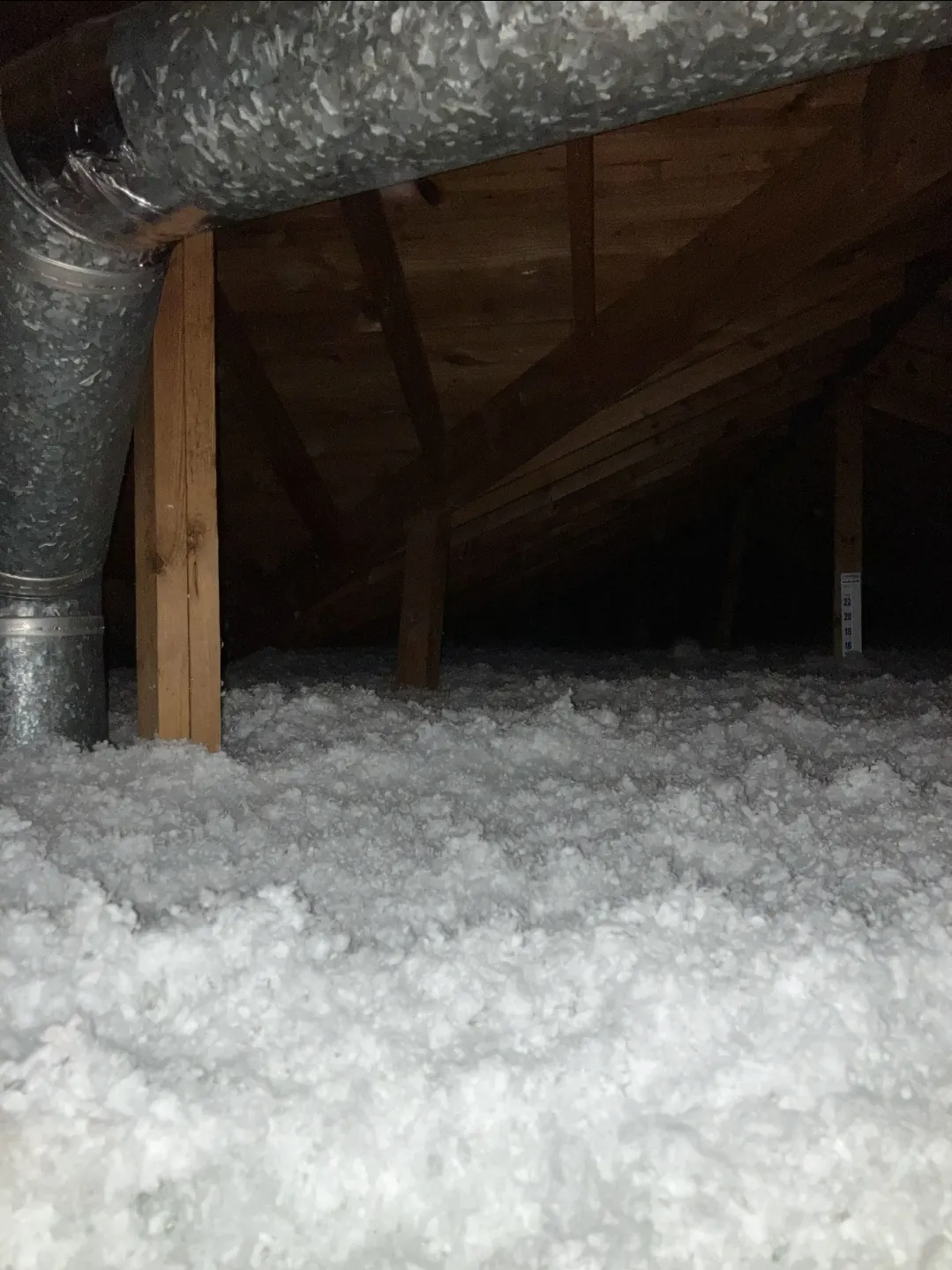 Blown-in attic insulation with a depth ruler stapled to a truss in the background